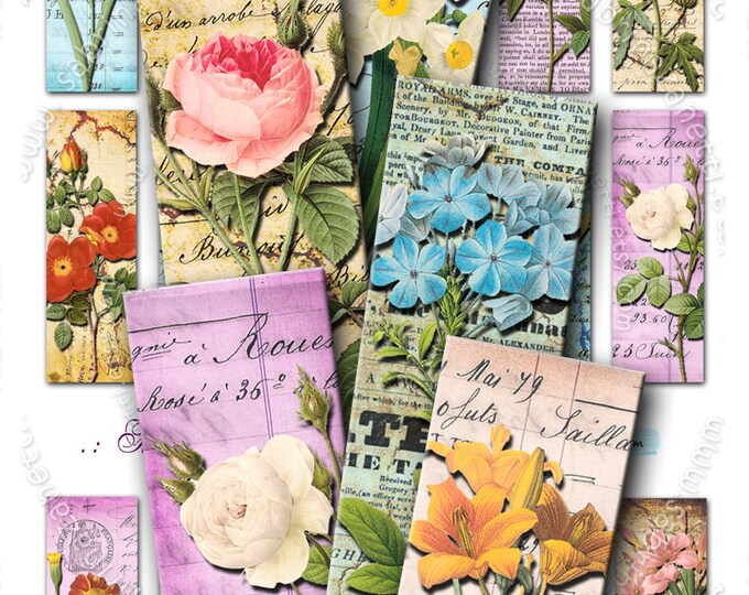 FAIRY GARDEN printable 2x1 inch domino flower vintage Digital collage sheet newspaper instant download background victorian do120