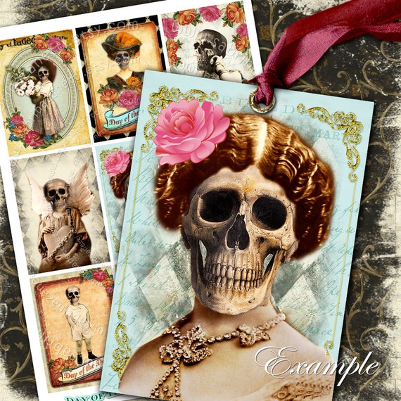 DAY OF DEATH printable digital collage sheet gift  skull bones dia de los muertos hang tag instant downloads background ac132