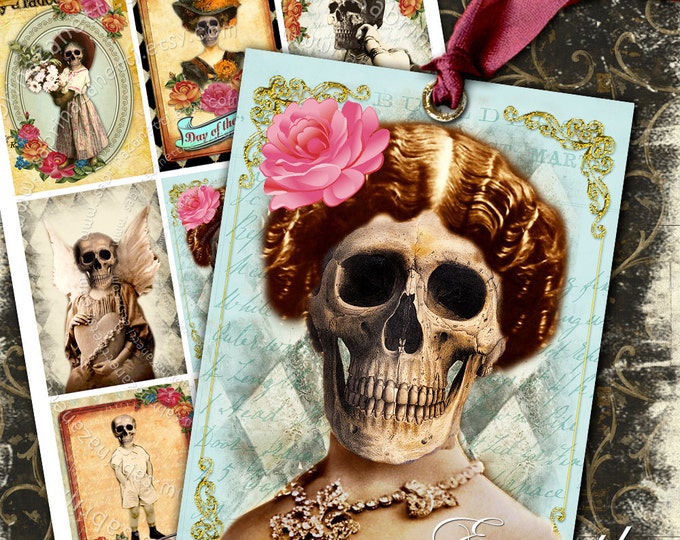 DAY OF DEATH printable digital collage sheet gift  skull bones dia de los muertos hang tag instant downloads background ac132