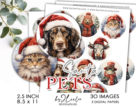 SANTA PETS 2.5 inch printable christmas holidays | supplies round pendants, bezel trays, glass cabochon mountings, cameo settings | tn683