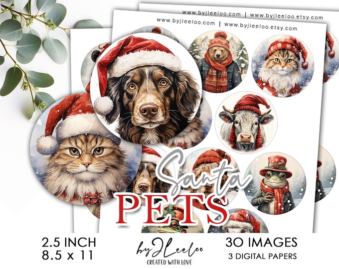 SANTA PETS 2.5 inch printable christmas holidays | supplies round pendants, bezel trays, glass cabochon mountings, cameo settings | tn683
