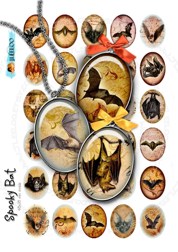 Digital collage sheet SPOOKY BAT 30x40mm oval for goth scary halloween bat skull raven pendant and craft instant download printable ov121