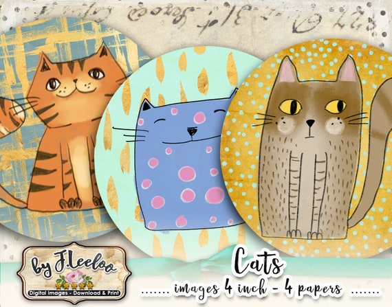 CATS 4 inch hand drawn round digital paper circle large scrapbook coaster magnet instant download printable image tn583