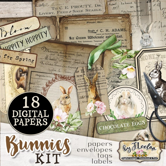Bunnies junk journal Easter shabby chic French Digital download Peter rabbit scrap ephemera printable pp567