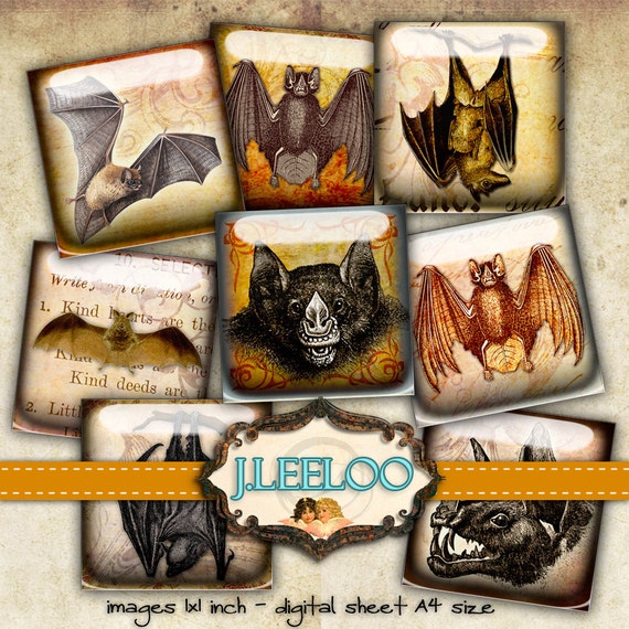 Digital collage sheet SPOOKY BAT 1 inch square for goth scary halloween bat skull raven pendant craft instant download printable qu380