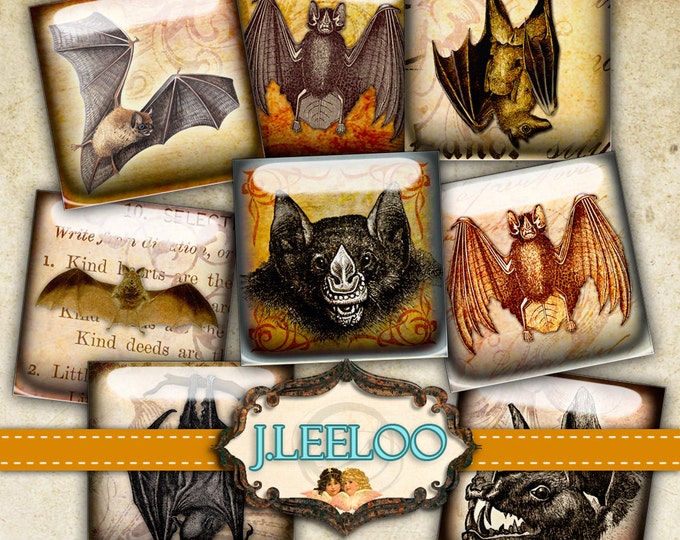 Digital collage sheet SPOOKY BAT 1 inch square for goth scary halloween bat skull raven pendant craft instant download printable qu380