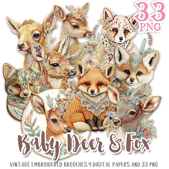 Embroidered DEER and FOX vintage PNG broochs victorian clipart | printable fussy cuts | ephemera junk journal creative art digital | cl141