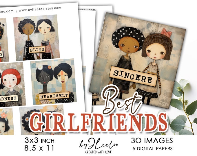 BEST GIRLFRIENDS 3x3 inch printable | Folk art supplies round pin, mirror, charm, sticker | gift for girl, friend | card journal DIY | qu590