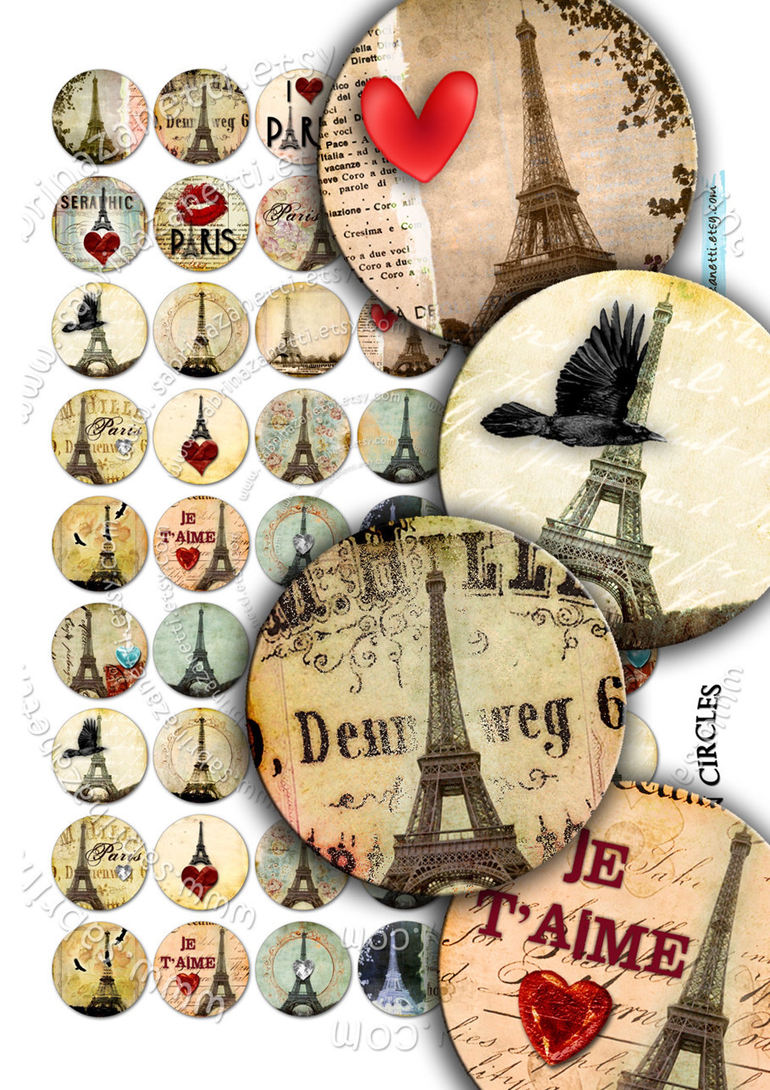 EIFFEL IN CIRCLE Digital Collage Sheet 1 Inch Size Circle Images for ...