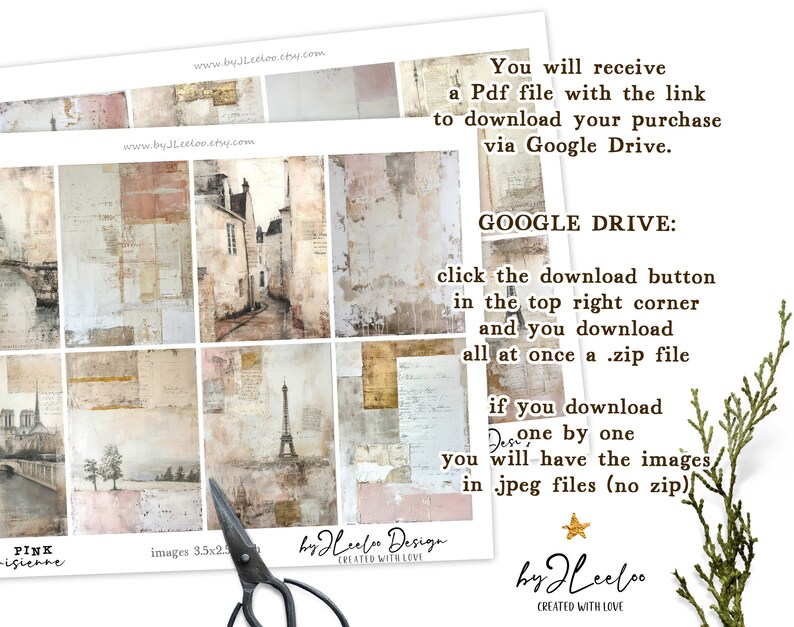 May include: A digital download of 9 printable images featuring Parisian-themed designs. The images are 3.5 inches by 2.5 inches and are available in JPEG format. The images are perfect for scrapbooking, card making, and other crafting projects.