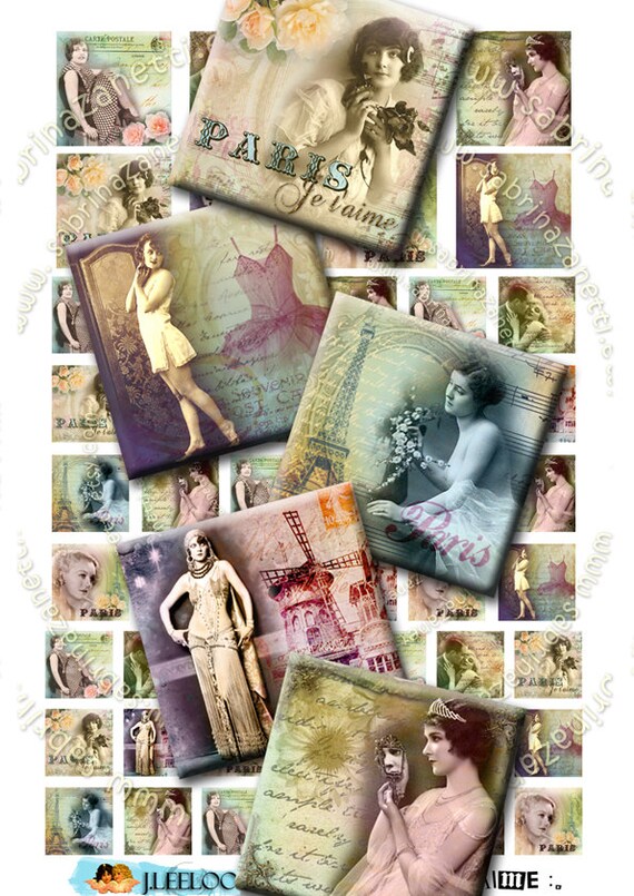 Digital download JE T'AIME 3 in 1 square woman portrait vintage paris france for pendant clipart magnet instant download printable qu183