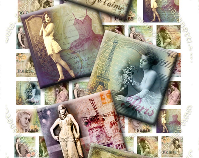 Digital download JE T'AIME 3 in 1 square woman portrait vintage paris france for pendant clipart magnet instant download printable qu183