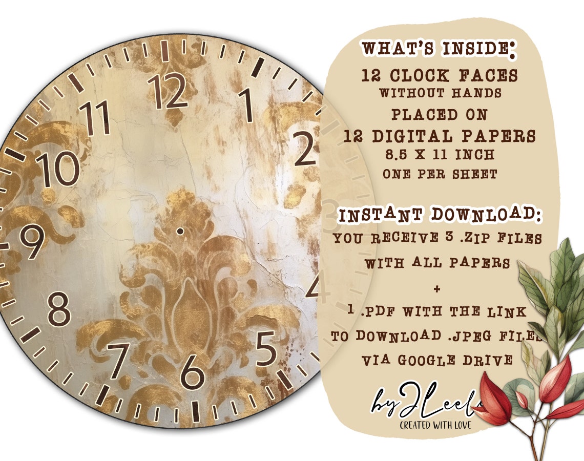 ANTIQUE GOLD Clock 8 Inch Circle Printable Clock Face Grunge Making ...