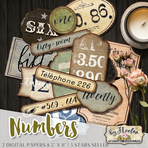 NUMBERS tag and labels printable vintage ephemera junk journal instant download printable images digital collage sheet pp554