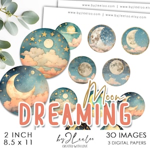 DREAMING MOON 2 polegadas celestial imprimível | Pingente de círculo Starry night supplies, cabochão de vidro, alfinetes magnéticos | Cartão de diário místico | tn730