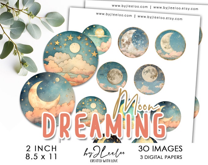 DREAMING MOON 2 inch celestial printable | Starry night supplies circle pendant, glass cabochon, pins magnet | Mystical journal card | tn730