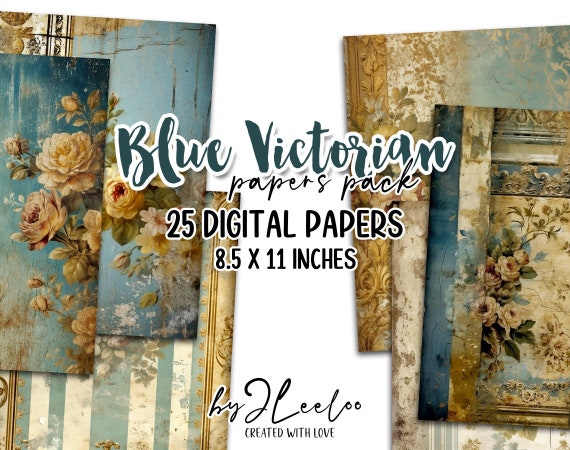 BLUE VICTORIAN french tattered papers | Shabby Chic Junk Journal pages | background Distressed card making digital ephemera | pp614