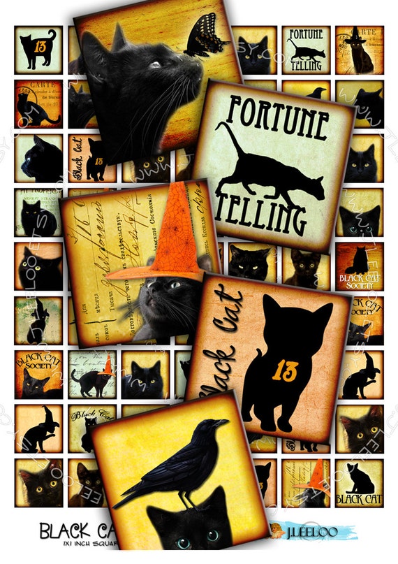 Digital download BLACK CATS 1x1 inch square  scary halloween witches hang tags sticker jewelry holder instant download printable qu279