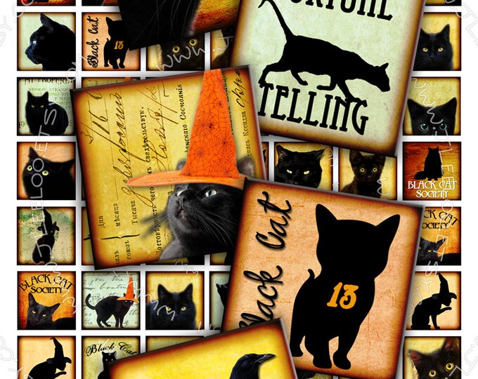 Digital download BLACK CATS 1x1 inch square  scary halloween witches hang tags sticker jewelry holder instant download printable qu279