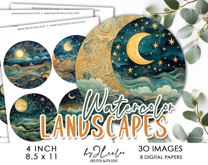 WATERCOLOR LANDSCAPE 4 inch starry circle printable | coaster sticker decoration home badge magnet mirror | graphic digital collage | tn727