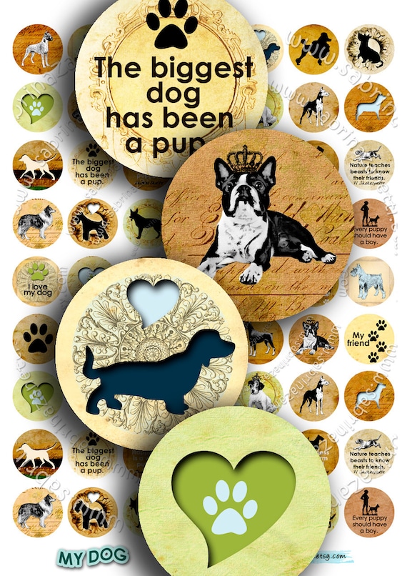 Digital collage sheet I LOVE MY DOG 1 inch circle puppies pets vintage romantic for pendant craft instant download printable tn140