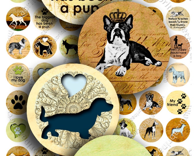 Digital collage sheet I LOVE MY DOG 1 inch circle puppies pets vintage romantic for pendant craft instant download printable tn140