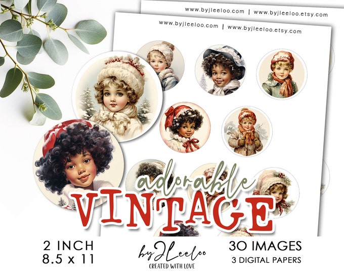 ADORABLE VINTAGE 2 inch printable christmas holidays | supplies round pendant, bezel trays, glass cabochon mountings, cameo settings | tn694