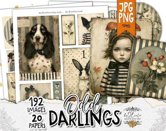 VINTAGE CHARACTER Ephemera, Whimsical Clipart PNG, Storybook Animals, Junk Journal Fussy Cuts, Mixed Media Collage | ppK83