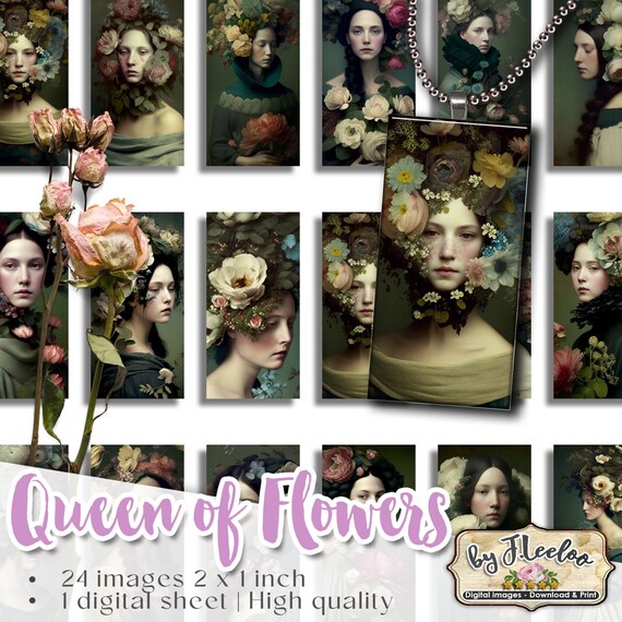 QUEEN of FLOWERS printable domino pendants | sheet digital images | romantic french | flower chic vintage | instant download do162