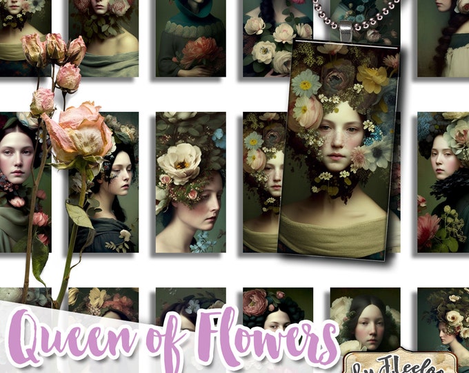QUEEN of FLOWERS printable domino pendants | sheet digital images | romantic french | flower chic vintage | instant download do162