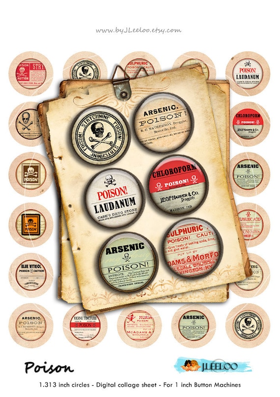 Digital printable POISON 1 inch 1.25 inch button machine apothecary label scary halloween magnet pendant instant download printable tn511