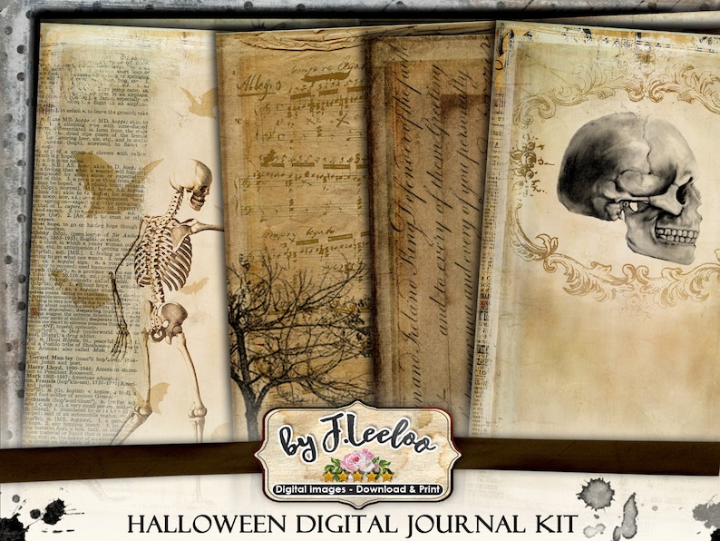 May include: Halloween digital journal kit featuring vintage-style pages with a skeleton, skull, and botanical elements. The pages have a distressed, aged appearance with text and musical notes. The kit includes the text "by J. Leeloo" and "Halloween Digital Journal Kit."
