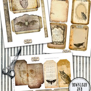 May include: Twelve printable sheets of vintage-style digital paper with a Halloween theme. The sheets feature images of a heart, bat, owl, crow, moth, and other spooky elements. The paper is decorated with a distressed, aged look. Download and print these sheets for use in scrapbooking, card making, and other crafts.
