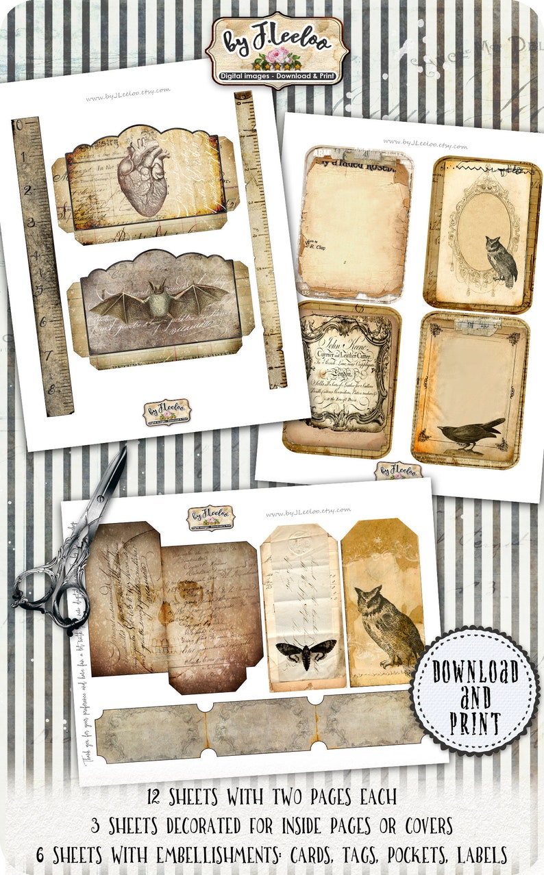 May include: Twelve printable sheets of vintage-style digital paper with a Halloween theme. The sheets feature images of a heart, bat, owl, crow, moth, and other spooky elements. The paper is decorated with a distressed, aged look. Download and print these sheets for use in scrapbooking, card making, and other crafts.