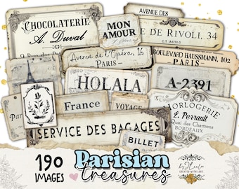 Bilety i etykiety do druku z napisem PARISIAN TREASURES | antyczna etykieta, zabytkowe efemerydy, francuskie słowa, dziennik ze zdjęciami, natychmiastowe pobranie | tl317