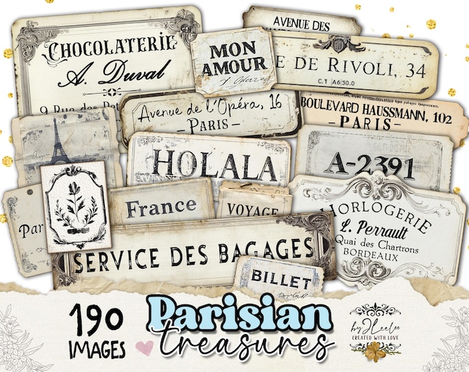 PARISIAN TREASURES printable tickets & labels | antique label vintage ephemera French words junk journal scrapbook instant download | tl317