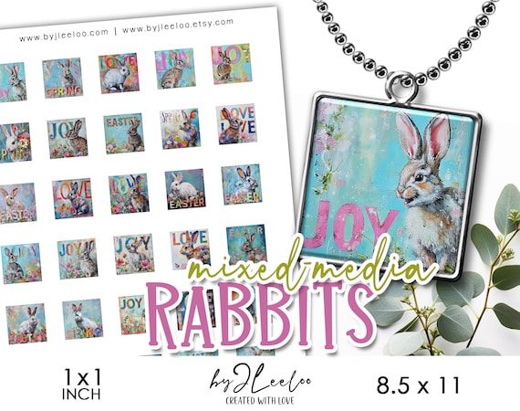MIXED-MEDIA RABBITS 1 inch printable | supplies round pendants, bezel trays, glass cabochon mountings, cameo settings | qu574