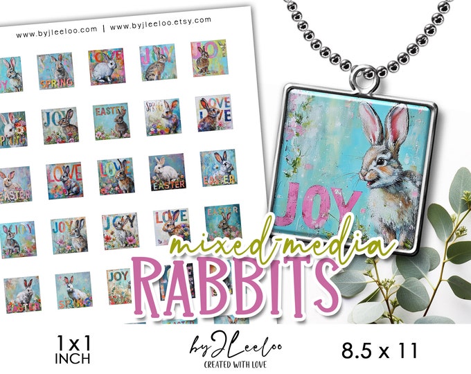 MIXED-MEDIA RABBITS 1 inch printable | supplies round pendants, bezel trays, glass cabochon mountings, cameo settings | qu574