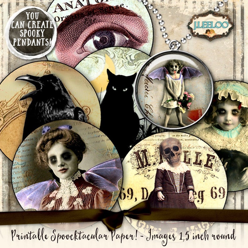 May include: Printable digital paper with 10 spooky images, each 1.5 inches in diameter. The images include a raven, a black cat, a girl with wings, a skull, a creepy girl, and an eye. The paper is perfect for creating spooky pendants.