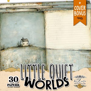 May include: Open book with a watercolor illustration of a small white house on a hill under a blue sky. The text "Little Quiet Worlds" is displayed in a bold font, with "30 Papers" below. A cover bonus tag is visible.