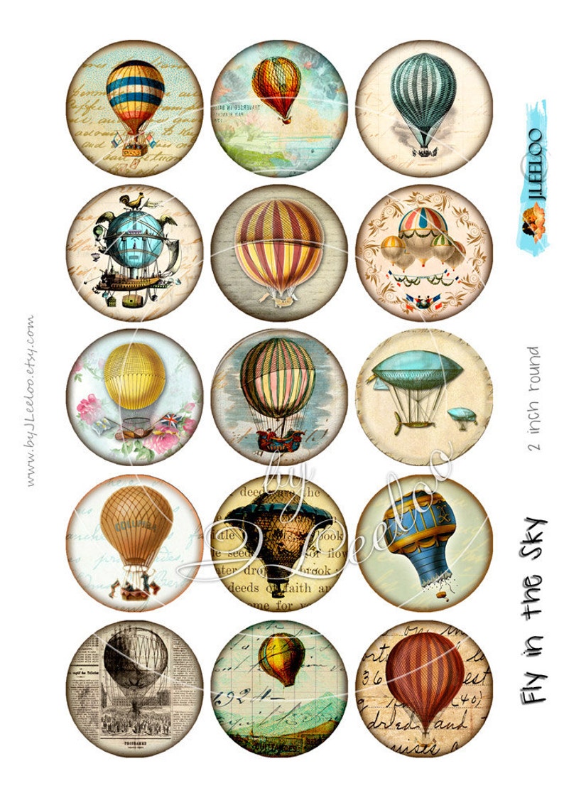 Digital collages FLY in the SKY 2 inch circle hot air balloon montgolfier for pendant magnet craft instant download print paper tn520