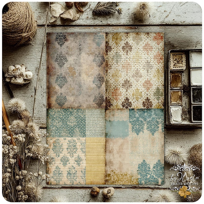 PATCHWORK PAGES – Vintage Patchwork Journal | Damask Ledger Paper Pack | Distressed Junk Journal Backgrounds Printable | ppK52 image 6