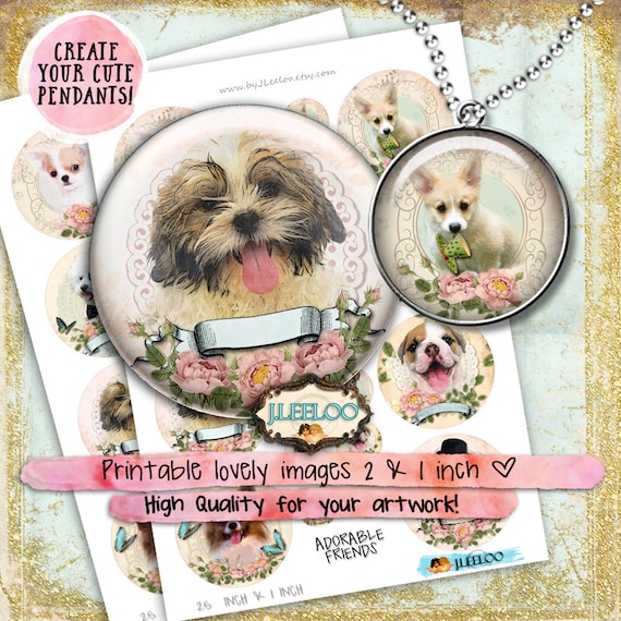 ADORABLE FRIENDS 2.5 inch 1 inch round Digital print hang tag dogs bezel trays images pendant magnet instant download printable tn529