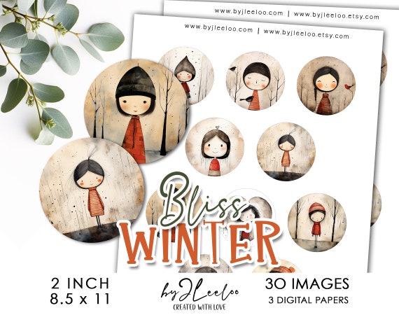 WINTER BLISS 2 inch printable Christmas | Holidays supplies round pendants charms glass cabochon magnet | journal scrapbooking craft | tn700