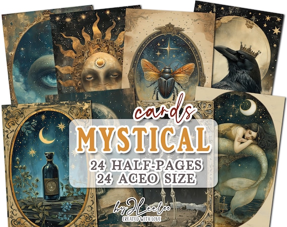 MYSTICAL CARDS half pages print for junk journal Mixed Media | Aceo mini book vintage supplies card making collage diary stationery | pp719