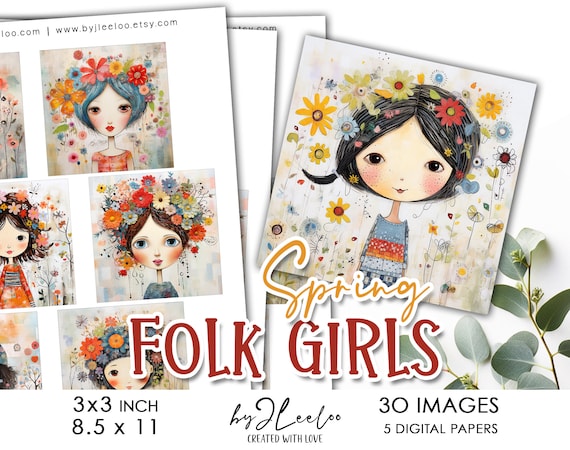 SPRING FOLK girls 3 inch printable supplies square pendants | bezel trays glass cabochon mountings cameo craft projects magnets | qu560