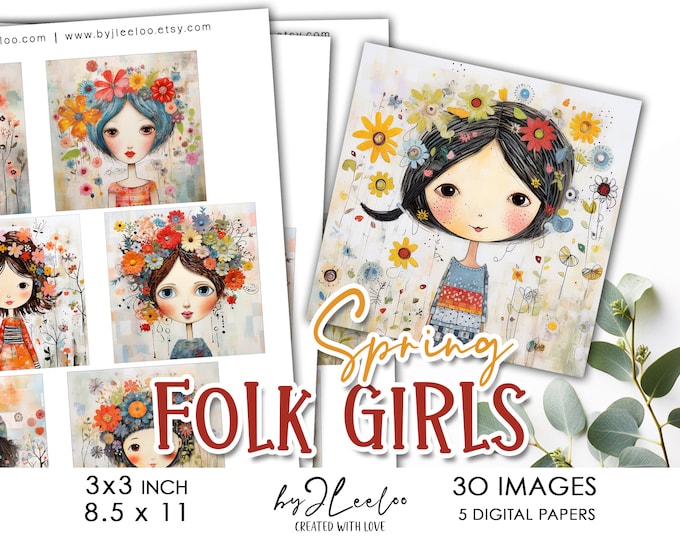 SPRING FOLK girls 3 inch printable supplies square pendants | bezel trays glass cabochon mountings cameo craft projects magnets | qu560