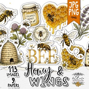 May include: A collection of bee-themed digital images, including bees, honeycombs, flowers, and a jar of creamed honey. The words "BEE" and "Honey & Wings" are featured in the design, along with "Royal Jelly". The image set includes 113 images and 9 papers.