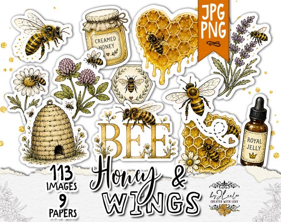 HONEY & WINGS Bee Stickers PNG | Honey Bees Botanical Cottagecore | Ephemera Junk Journal Printable | cl214