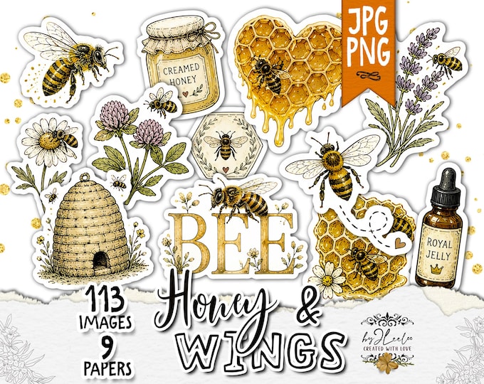 HONEY & WINGS Bee Stickers PNG | Honey Bees Botanical Cottagecore | Ephemera Junk Journal Printable | cl214